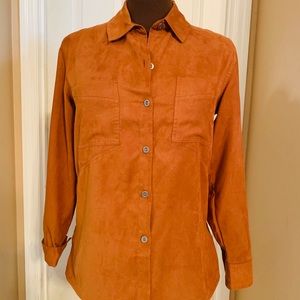 Chico’s faux Swede tan button up (size 0)